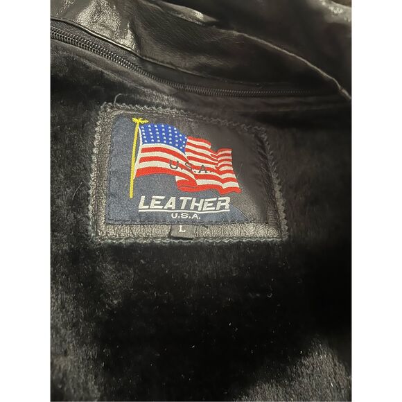 Leather USA SZ LG Jacket Motorcyle Black American Eagle Flag Red Biker America - Picture 5 of 6